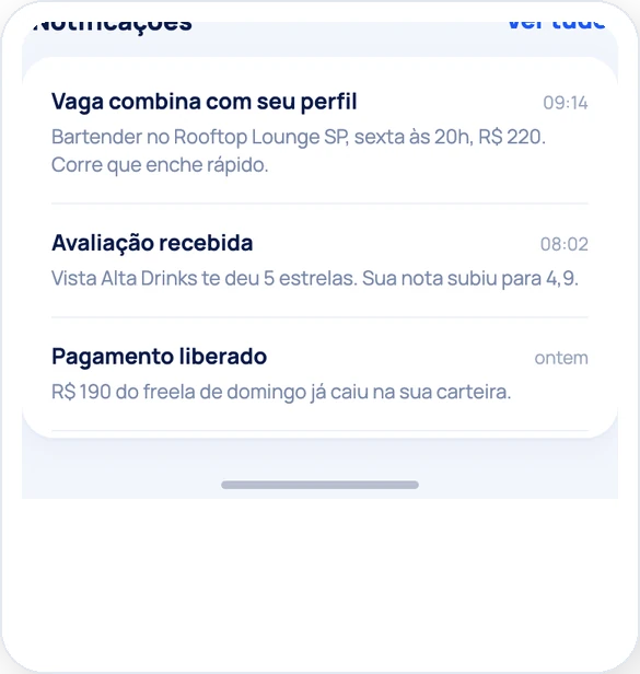 Notificações de vagas e pagamentos no Freelah